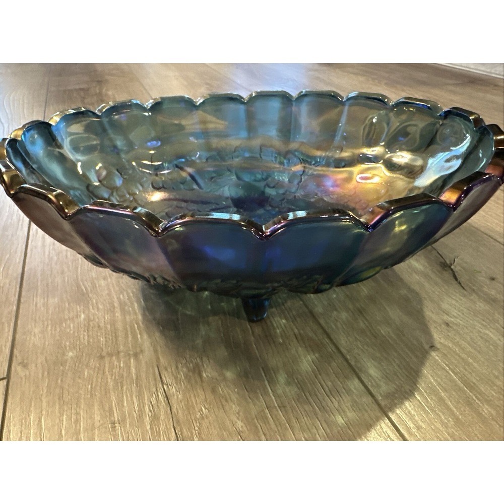 Vintag Iridescent Carnival Glass Blue Harvest Grape Footed Oval Fruit Bowl 12"x8
